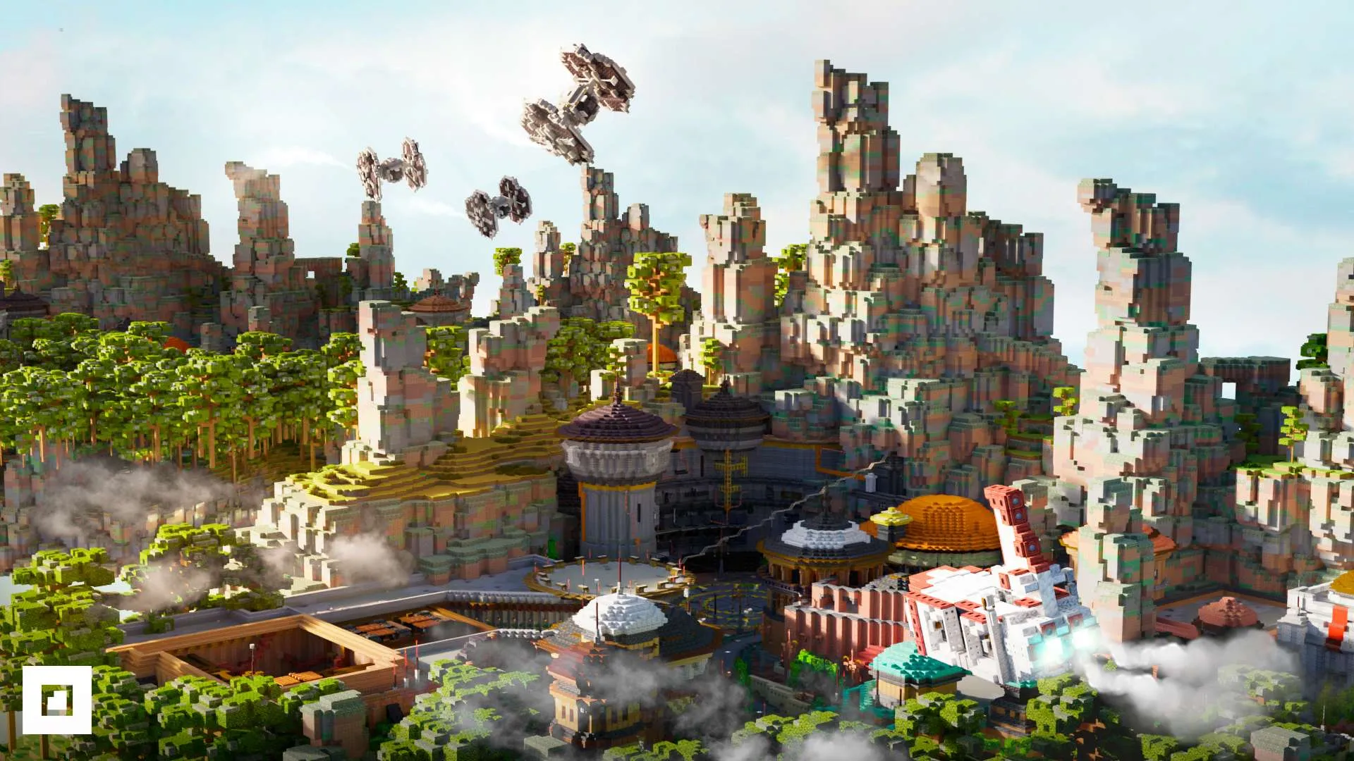 A detailed Star Wars themed Minecraft build of the planet Batuu with starships flying overhead.